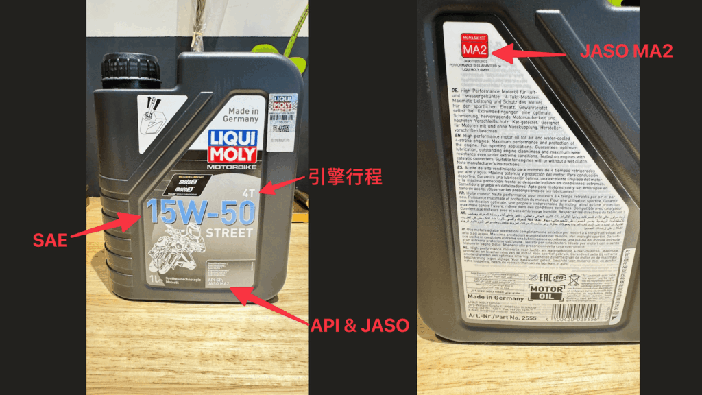 LIQUI MOLY 機油瓶身上各種機油等級：SAE/引擎行程/API/JASO的標示位置